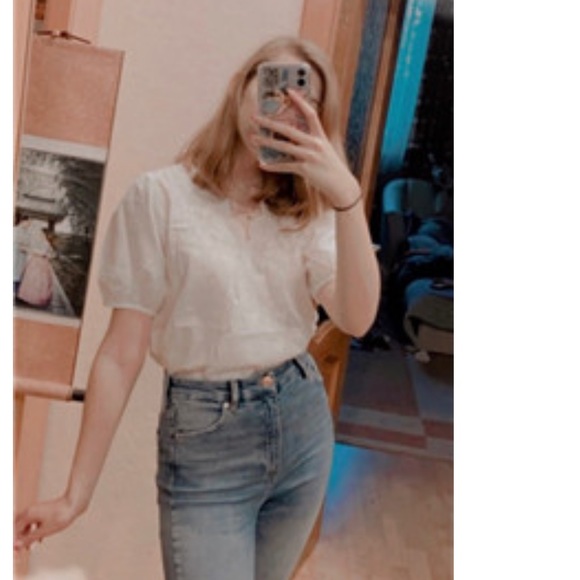 Floral embroidery lace white puff sleeve T-shirt top short sleeve Korean fashion - Picture 8 of 8